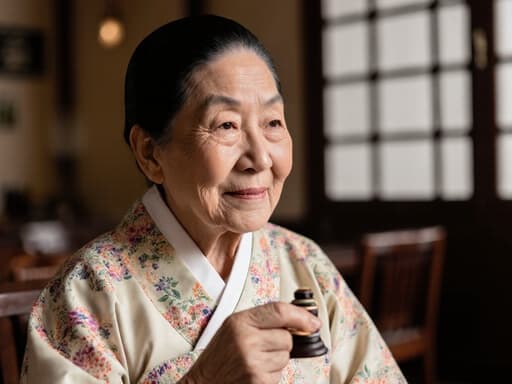 화려한 전통 한복을 입고, 전통 놀이 도구를 부드럽게 잡고 앉아 있는 지혜로운 80대 혼혈 여성. 아늑한 카페의 전통적인 장식으로 가득한 배경 속에서 따뜻함과 지혜가 느껴진다.