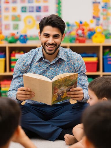 20대 라틴계 남성이 아늑한 유치원 교실에서 크로스 레그로 앉아 세련된 화사한 색상의 셔츠와 바지로 꾸미고 아이들에게 이야기를 들려주고 있으며, 다양한 교육 자료와 장난감으로 둘러싸인 즐거운 분위기를 자아내고 있습니다.