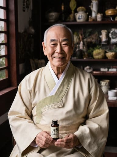 60대 동양인 남성이 전통 한복을 입고 편안하게 치료실에 앉아 있습니다. 그는 한약재를 들고 따뜻한 미소를 지으며, 여러 가지 약초와 전통적인 치료 도구들이 있는 배경에서 전체적인 자연 치유의 분위기를 강조하고 있습니다.