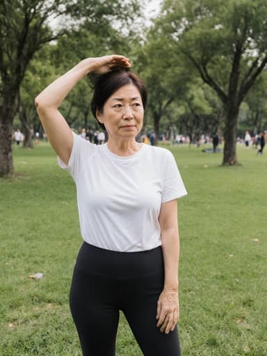 40대 동양인 여성이 편안한 티셔츠와 레깅스, 스타일리시한 운동화를 착용하고, 걱정스러운 표정을 지으며 머리를 쓸어내리며 스트레칭하는 모습의 반신 사진입니다. 배경의 평화로운 공원과 푸른 잔디, 나무들이 고요하고 사색적인 분위기를 더합니다.