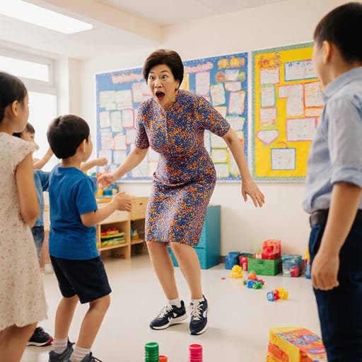50대 동양인 여성이 화려한 원피스와 운동화를 착용하고 놀란 표정을 지으며 밝은 교실에서 아이들과 함께 춤추고 손을 흔들고 있는 반신 샷. 벽에는 알록달록한 교육 자료가 붙어있고 바닥에는 어린이용 장난감이 흩어져 있다.