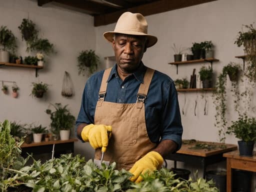 50대 흑인 남성이 정원사 복장을 하고 있는 반신 사진, 작업용 장갑과 모자를 착용하고 아늑한 카페에서 식물을 바라보며 지루한 표정을 짓고 있습니다. 그의 손에는 정원 도구가 들려 있으며, 배경에는 식물로 가득한 테이블이 있습니다.