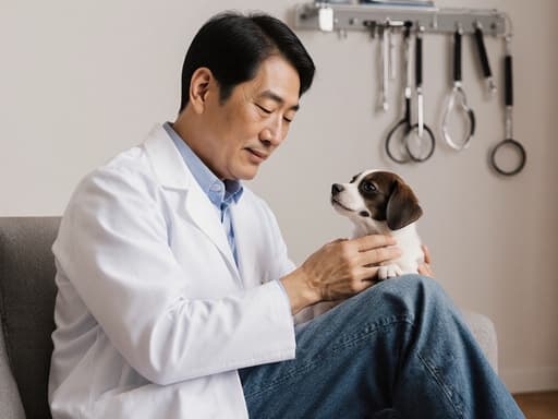 50대 아시아계 남성 수의사가 의사 가운과 청바지를 입고, 아늑한 거실에서 작은 동물을 부드럽게 다루며 편안하게 앉아 있는 반신 촬영. 동물 치료 도구들이 정돈되어 있어 신뢰감과 따뜻함을 발산하는 이미지입니다.
