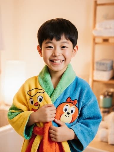 사랑스러운 외모를 가진 7세 동양인 남자아이의 반신 사진으로, 귀여운 디자인의 밝은 목욕 가운을 입고 환하게 웃으며 목욕 공간에서 인사하는 모습입니다. 부드러운 조명과 정돈된 목욕용품이 있는 아늑한 분위기를 자아냅니다.