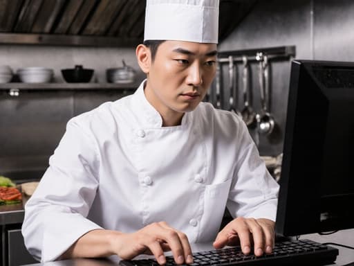 30대 아시아계 남성이 흰색 요리사 복장과 모자를 쓰고, 정리된 조리 도구와 재료가 있는 현대적인 주방에서 메뉴 개발을 위해 컴퓨터 키보드에 집중하며 타이핑하는 모습의 반신 사진.