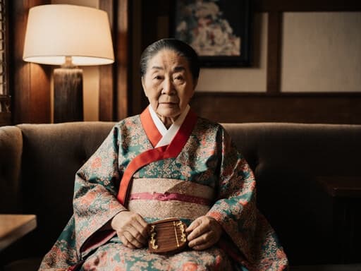 전통 한복을 입고 소파에 앉아 있는 80대 아시아계 여성의 반신 사진. 그녀는 전통 놀이 도구를 들고 있으며 피곤한 표정을 짓고, 따뜻하고 문화적으로 풍부한 분위기에 둘러싸여 있습니다.