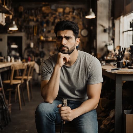 이 이미지는 30대 라틴계 남성이 작업복처럼 편안한 티셔츠와 청바지를 입고 작업실 같은 느낌의 카페에 앉아 있는 모습을 보여줍니다. 그는 작업 도구를 손에 쥐고 걱정스러운 표정을 지으며 창의적이고 노동적인 배경 속에 깊은 생각에 잠겨 있는 듯합니다.