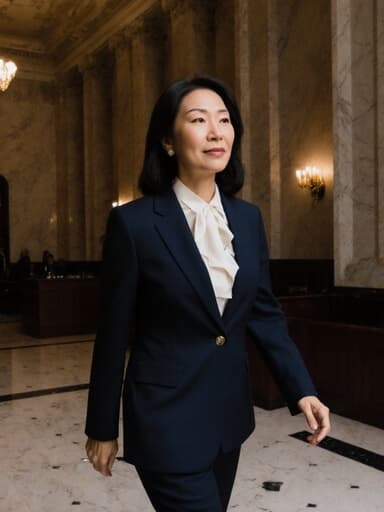 50대 동양인 여성이 자신감 넘치는 활기찬 표정으로 법정으로 향하며 걷고 있는 반신 샷입니다. 그녀는 세련된 정장과 스타일리쉬한 블라우스를 입고 있으며, 세련된 액세서리로 포인트를 주고 있습니다. 그녀의 표정은 생기 넘치고 자신감이 넘치며, 깔끔한 대리석 바닥과 높은 천장이 있는 법원 내부에서 목적 의식을 가지고 걸어가고 있습니다.
