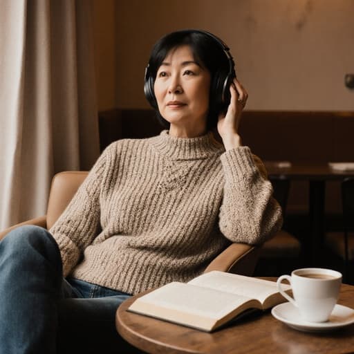 40대 동양인 여성의 반신 촬영으로, 편안한 니트 스웨터와 청바지를 입고 헤드폰을 착용한 모습이 아늑한 카페에 앉아 음악에 집중하고 있으며, 테이블 위에는 따뜻한 커피와 열린 책이 놓여 있습니다.