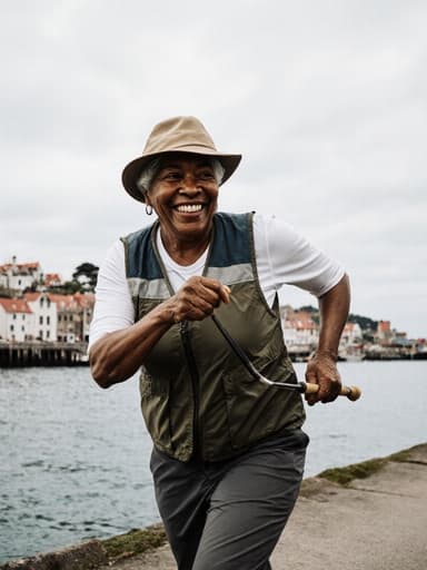 50대 흑인 여성의 전신 샷으로, 방수 어업 조끼와 모자를 입고 어업 도구를 들고 달리는 모습입니다. 배경에는 바다와 매력적인 어촌 경치가 보이며, 자연스러운 외모와 따뜻한 미소가 어업 생활의 본질을 잘 표현하고 있습니다.