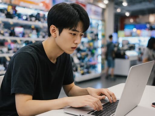 편안한 티셔츠와 청바지를 입은 10대 초반 동양인 남성이 전자매장 내부에서 반신 촬영된 모습입니다. 걱정스러운 표정을 지으며 눈앞의 노트북 화면을 응시하고 있으며, 손가락이 화면을 터치하려는 자세를 취하고 있습니다. 배경에는 다양한 전자기기가 진열되어 있어 장면의 깊이와 맥락을 더하고 있습니다.