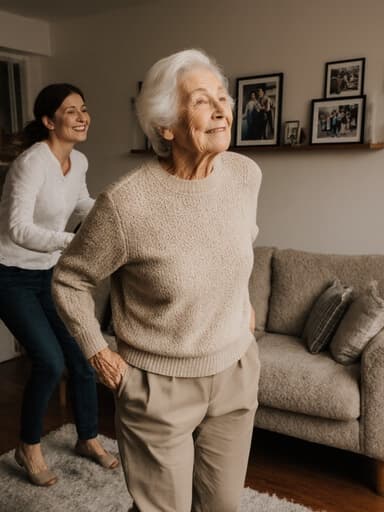 70대 유럽계 여성이 자연스러운 모습으로 아늑한 거실에서 놀이를 하며 점프하고 있습니다. 캐주얼한 니트 스웨터와 편안한 바지를 입고 있으며, 주변을 바라보며 무관심한 표정을 짓고 있습니다. 소파와 가족 사진이 있는 따뜻한 분위기가 그 장면을 더욱 돋보이게 하고 있습니다.
