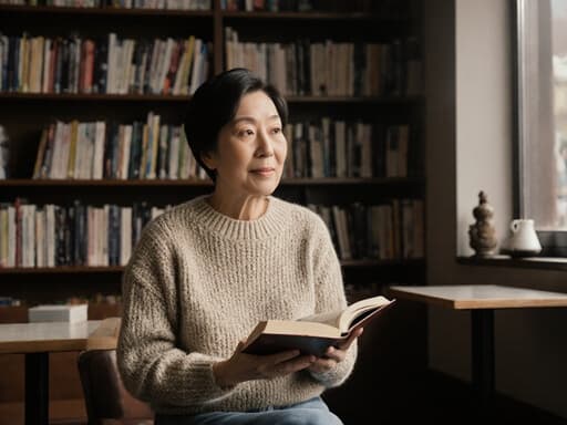 50대 한국인 여성이 편안한 니트와 청바지를 착용하고 책을 들고 있으나 무관심한 표정을 지으며 다른 곳을 바라보는 반신 사진입니다. 배경에는 책장과 작은 테이블이 있는 조용한 카페의 스터디룸이 있어 장면의 편안한 분위기를 강조합니다.