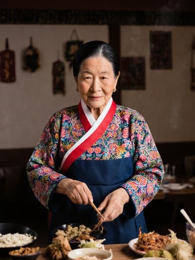 아늑한 카페 환경에서 전통 한복을 입고 음식을 준비하는 혼혈 여성의 반신 사진. 그리움이 느껴지는 표정을 지으며, 전통 음식을 만들기 위해 재료를 들고 자연스럽게 몸을 흔들고 있습니다.