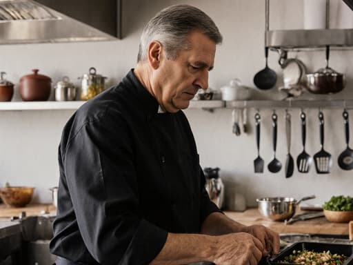 40대 유럽계 남성이 자연스러운 외모로, 편안한 주방 작업복을 입고 있는 반신 사진입니다. 그는 차가운 표정으로 깊이 집중하며 깔끔하게 정돈된 주방을 걸으며 다양한 조리 기구와 재료를 정리하고 있습니다. 배경은 다양한 조리 도구와 재료들로 가득 찬 깨끗하고 정돈된 주방 공간을 보여주며 요리 주제를 강조합니다. 전체적인 분위기는 요리 환경에서의 집중과 전문성을 전달합니다.
