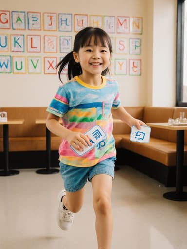 7세 한국인 여아가 아늑한 카페에서 알파벳 카드를 들고 순수한 미소를 지으며 즐겁게 달리고 있는 전신 사진, 다채로운 장식과 알파벳 포스터로 둘러싸인 모습.
