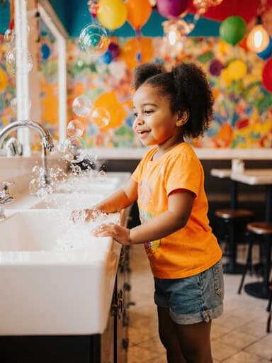 7세 혼혈 여성의 반신 사진으로, 밝은 카페 환경 속에서 세면대에서 장난스럽게 손을 씻고 있는 모습입니다. 그녀는 화사한 티셔츠와 반바지를 입고 있으며, 즐거운 표정으로 순수함과 기쁨의 순간을 포착하고 있습니다.