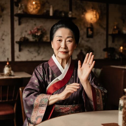 70대 아시아계 여성이 전통 한복을 입고 아늑한 카페에 앉아 평온한 표정을 지으며 손으로 전통 춤의 동작을 재현하는 모습의 반신 사진입니다. 전통 소품으로 꾸며진 따뜻한 분위기 속에서 그녀의 우아함이 돋보입니다.