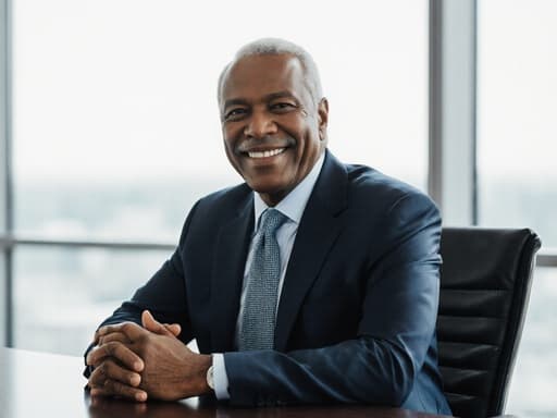 60대 아프리카계 남성이 정장과 넥타이를 착용하고 회의 테이블에 앉아 손을 모으고 자신감 있는 미소를 짓고 있는 반신 사진. 깔끔한 인테리어와 큰 창문이 있는 현대적인 회의실에서 촬영되었습니다.