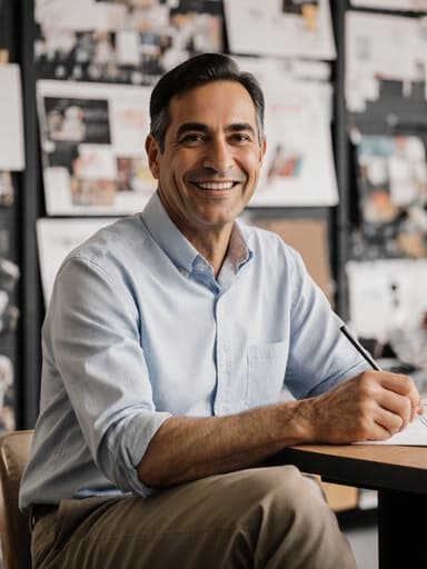 디자인 사무실에서 디자인 프로젝트에 집중하며 따뜻한 미소를 짓고 있는 40대의 라틴 남성, 창의적인 소재로 가득 찬 밝은 공간에서 긍정적이고 영감을 주는 분위기를 반영합니다.