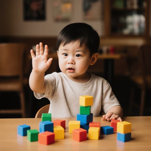 따뜻한 카페에서 편안한 티셔츠와 반바지를 입은 귀여운 1세 남성 동양인의 반신 사진. 그는 지루한 표정을 지으며 손을 흔들고 있으며, 테이블 위에 있는 다채로운 블록을 쌓다가 잠시 멈춘 모습입니다. 카페의 따뜻한 분위기가 이 장난기 넘치는 순간을 더욱 매력적으로 만들어 줍니다.