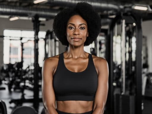 40대 아프리카계 여성이 현대적인 피트니스 스튜디오에서 스타일리시한 운동복을 입고 우아하게 서 있습니다. 그녀의 자연스러운 외모와 당당한 표정은 결단력을 나타내며, 다양한 운동 기구들이 배치된 영감을 주는 분위기 속에서 편안한 자세로 서 있습니다.