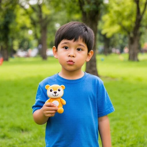귀여운 외모를 가진 7세 라틴계 남성이 편안한 파란색 티셔츠와 반바지를 입고 있는 반신 사진입니다. 그는 배고픈 표정으로 입을 약간 오므리고 있으며, 한 손에 작은 인형을 들고 있습니다. 배경은 푸르고 싱그러운 잔디와 나무가 있는 활기찬 공원 환경으로, 놀고 있는 즐거운 분위기를 연출합니다.