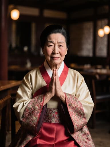 전통 한복을 입은 70대 동양인 여성의 반신 사진으로, 지루한 표정을 지으며 인사하는 자세로 손을 가슴 높이로 모은 모습이 따뜻하고 아늑한 카페 내부, 나무 가구와 전통적인 장식이 있는 배경에서 촬영되었습니다.