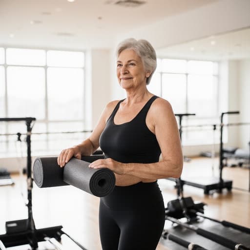 60대 유럽계 여성의 반신사진으로, 편안한 필라테스 복장과 운동화를 착용하고 필라테스 매트를 들고 수업을 진행하는 모습입니다. 밝고 현대적인 필라테스 스튜디오에서 활기차고 에너지가 넘치는 표정으로 따뜻한 분위기를 연출하고 있습니다.