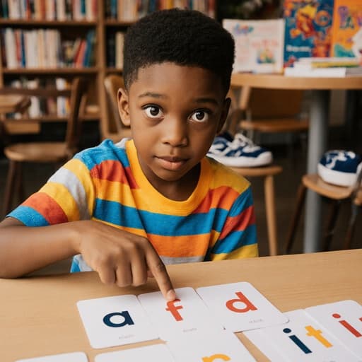 이 이미지는 아늑한 카페에서 색색의 티셔츠와 반바지를 입은 7세 흑인 남자아이가 테이블 위의 알파벳 카드에 집중하며 손가락으로 가리키고 있는 모습을 보여줍니다. 그의 호기심 가득한 표정은 학습에 대한 열정을 드러내며, 배경에는 책과 학습 자료가 가득한 따뜻하고 초대하는 분위기가 연출됩니다.