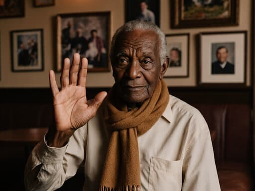 이미지는 아늙은 아프리카계 남성이 아늑한 카페에서 편안한 셔츠와 바지를 입고 따뜻한 스카프를 두르고 있는 모습을 보여줍니다. 주름이 많은 그의 얼굴은 외로운 표정을 지으며 그리움이 가득한 눈빛을 드러냅니다. 그는 가볍게 손을 흔들며 마치 춤을 추는 듯한 자세를 취하고 있으며, 주변에 걸려 있는 가족 사진들이 따뜻한 가족 분위기를 더해줍니다.