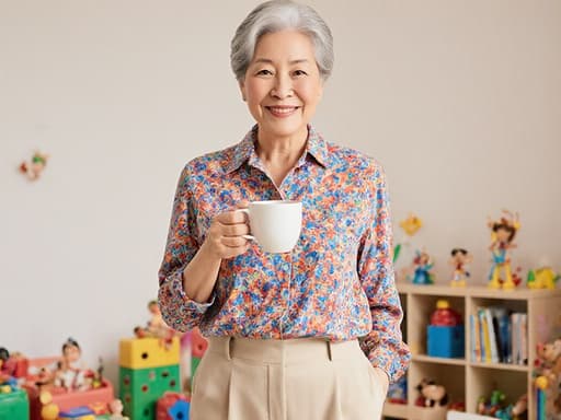 자신감 넘치는 60대 한국인 여성이 화사한 색상의 블라우스와 편안한 바지를 입고, 커피를 손에 들고 여유롭게 미소 짓고 있는 모습을 반신 촬영한 이미지. 아기자기한 장난감과 책들이 놓여 있는 놀이방 배경이 따뜻하고 아늑한 분위기를 만들어냅니다.