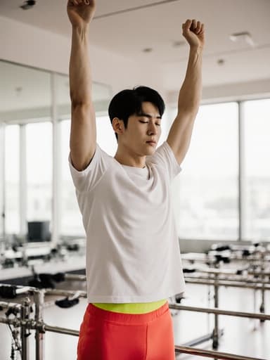 20대의 한국인 남성이 밝은 필라테스 운동복을 입고 전체 신체 사진으로 촬영되었습니다. 그는 무관심한 표정으로 눈을 약간 감고 있으며, 현대적이고 깨끗한 필라테스 운동실에서 균형을 유지하기 위해 점프하며 양팔을 위로 뻗고 있습니다.