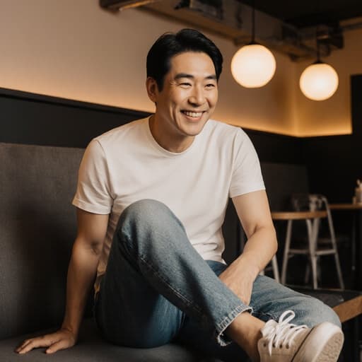 40대 아시아계 남성이 캐주얼한 티셔츠와 청바지를 입고 미소를 지으며 신발을 신으려는 자세를 취하고 있는 반신 사진. 아늑한 현대 카페 내부에서 촬영된 이미지.