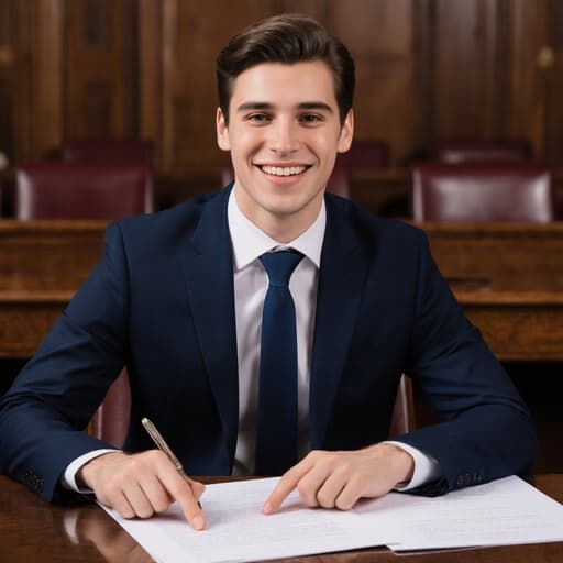 10대 후반의 유럽계 남성이 깔끔한 정장과 넥타이를 착용하고 법정의 상담용 테이블에 앉아 있습니다. 그는 행복한 표정을 짓고 자신감 있게 서류를 가리키고 있으며, 배경에는 판사석이 있는 법원의 내부 모습이 보입니다.