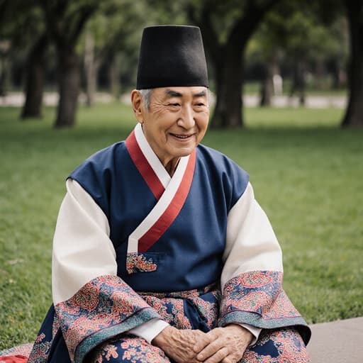 70대 한국인 남성이 화려한 한복을 입고 공원의 잔디 위에 앉아 고마워하는 표정을 짓고 있습니다. 그의 손은 무릎 위에 resting 하고 있으며, 고개는 약간 숙여져 있습니다. 푸른 잔디와 나무들이 어우러진 배경이 전통적인 분위기를 더욱 강조하고 있습니다.