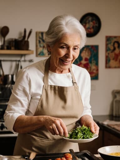 60대 혼혈 여성이 편안한 앞치마를 입고 놀란 표정을 지으며 요리에 집중하고 있는 모습입니다. 예술적으로 꾸며진 아늑한 주방에서 신선한 식재료를 들고 요리 도구를 사용하려는 자세가 포착되어 있습니다. 따뜻하고 매력적인 분위기가 느껴집니다.