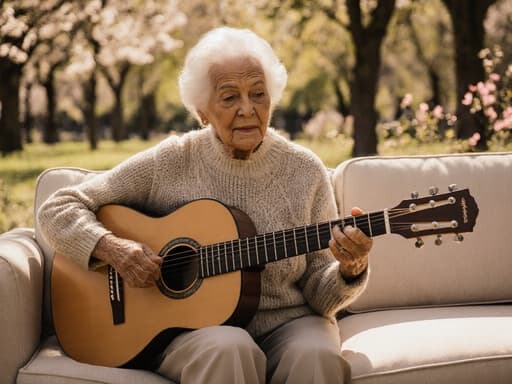 이 이미지는 햇살이 비추는 공원에서 소파에 앉아 클래식 기타를 연주하는 80대 혼혈 여성의 모습을 담고 있습니다. 그녀는 편안한 니트 스웨터와 세련된 슬랙스를 입고 있으며, 음악에 몰입한 지혜로운 표정을 짓고 있습니다. 나무와 꽃들이 어우러진 배경이 따뜻하고 매력적인 분위기를 만들어 주며, 그녀의 음악에 대한 사랑을 강조합니다.