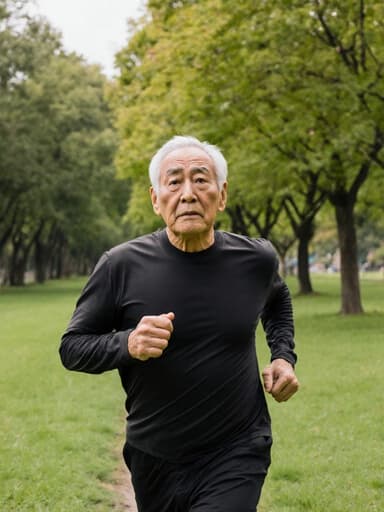 이 이미지는 편안한 운동복을 입은 70대 아시아계 남성의 전신 샷을 보여줍니다. 그는 공원을 달리며 가족을 걱정하는 표정으로 주변을 살피고 있습니다. 푸르른 나무와 잔디로 이루어진 고요한 배경이 그의 걱정스러운 모습과 대조를 이루며 평화로운 분위기를 만들어냅니다.