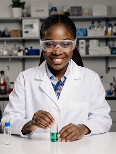 자신감 넘치는 10대 후반의 아프리카계 여성 과학자가 실험실 가운과 안전 안경을 착용하고 테이블 위의 시험관을 조심스럽게 다루고 있습니다. 배경은 다양한 실험 장비가 배치된 현대적인 화학 강의실로, 그녀의 과학에 대한 열정을 강조하고 있습니다.