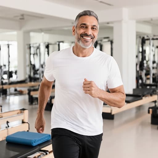 40대 중동계 남성이 건강하고 활기찬 외모로, 흰색 탑과 검정색 레깅스를 입고 있는 반신 사진입니다. 그는 긍정적인 표정과 자신감 넘치는 미소를 지으며 필라테스 매트를 향해 걷고 있습니다. 배경은 다양한 필라테스 장비가 배치된 밝고 넓은 필라테스 수업실로, 피트니스와 웰빙의 주제를 강조하는 동적이고 매력적인 분위기를 만들어냅니다.