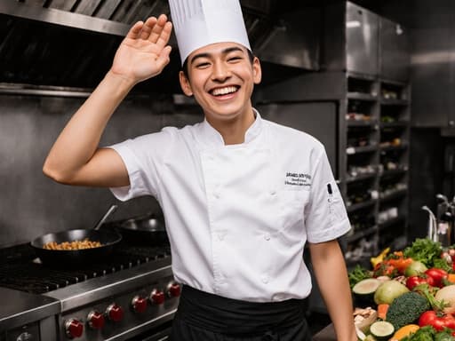 한 젊은 라틴계 남성 셰프가 전문적인 복장을 입고 행복하게 미소 지으며, 신선한 재료가 있는 잘 갖춰진 주방에서 요리에 대한 열정을 드러내고 있습니다.