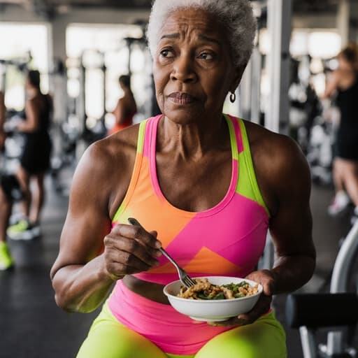 50대의 흑인 여성의 반신 사진으로, 밝은 색상의 스포츠웨어를 입고 건강한 간식을 즐기며 고민하는 표정을 짓고 있는 모습. 활기찬 스포츠 센터의 운동 기구와 운동하는 사람들로 가득 차 있다.