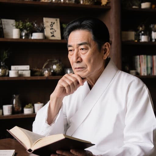 60대 라틴계 남성이 전통 한의사의 흰색 가운을 입고 반신을 촬영한 모습입니다. 한 손으로 책을 들고 다른 손으로 턱을 괴고 있는 모습은 사색적인 표정을 드러냅니다. 배경은 전통 한의원의 내부로, 한약재와 한의학 관련 서적이 진열된 공간이 진정하고 평화로운 분위기를 연출합니다.