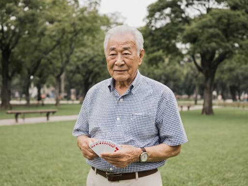 70대의 친근한 인상을 가진 한국인 남성이 주름이 많은 얼굴로 걱정스러운 표정을 지으며 손에 카드 한 벌을 집중하는 모습의 반신 촬영. 그는 편안한 체크무늬 셔츠와 면바지를 입고 있으며, 손목에는 간단한 시계를 착용하고 있다. 배경은 푸른 잔디와 나무, 벤치가 있는 평화로운 공원으로, 그의 사려 깊은 태도를 잘 드러내는 고요한 환경이다.