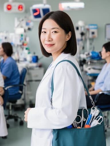 매력적인 40대 아시아계 여성의 반신 사진으로, 자연스러운 아름다움을 보여줍니다. 의사 가운을 입고 의료 가방을 어깨에 메고 환자 상담을 준비하는 모습입니다. 그녀의 표정은 따뜻하고 친근하여 친절함과 전문성을 반영합니다. 배경은 응급실 내부로, 의료 장비와 대기 중인 환자들이 보이며, 그녀의 의료 역할을 강조하는 바쁜 그러나 정돈된 분위기를 만들어냅니다.