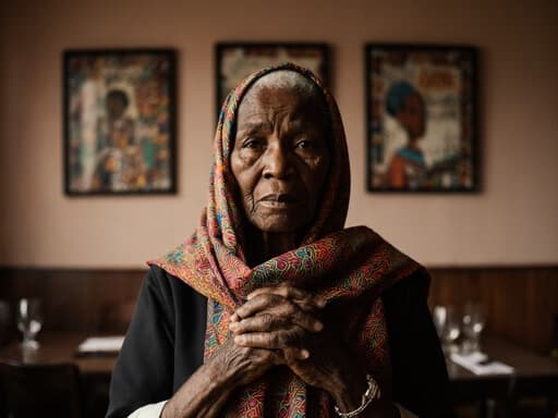 아프리카 전통 의상을 입고 화려한 패턴의 스카프를 두른 80대 아프리카계 여성의 반신 사진. 아늑한 카페 안에서 손을 가슴에 모으고 걱정스러운 진지한 표정을 짓고 있으며, 전통 아프리카 예술이 걸린 벽으로 둘러싸여 있습니다.