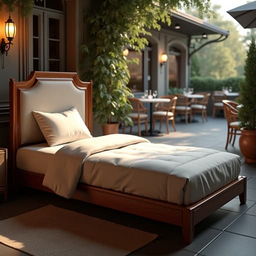 싱글 침대, 가구, 고급 레스토랑 테라스와 화분 및 분위기 조명, 세련되고 초대하는 분위기.