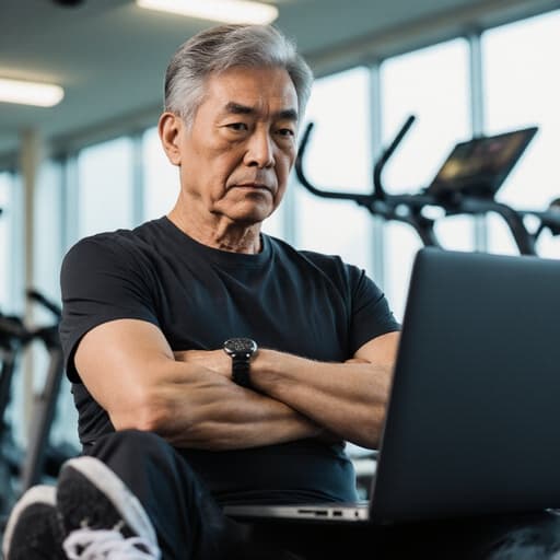운동복을 입은 50대 아시아계 남성이 체육관에 앉아 팔짱을 끼고 노트북을 응시하며 약간 지루한 표정을 짓고 있다. 밝은 조명과 배치된 운동 기구들이 활동적이지만 생각에 잠긴 분위기를 만들어낸다.