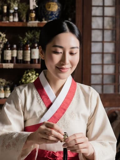 30대 유럽계 여성이 전통 한복을 입고 자연스럽게 미소 지으며 아름답게 장식된 한의원에서 한약재를 조리하고 있는 모습입니다. 따뜻한 조명과 전통적인 장식이 어우러져 그녀의 작업의 문화적 중요성을 강조하는 평화로운 분위기를 만들어냅니다.
